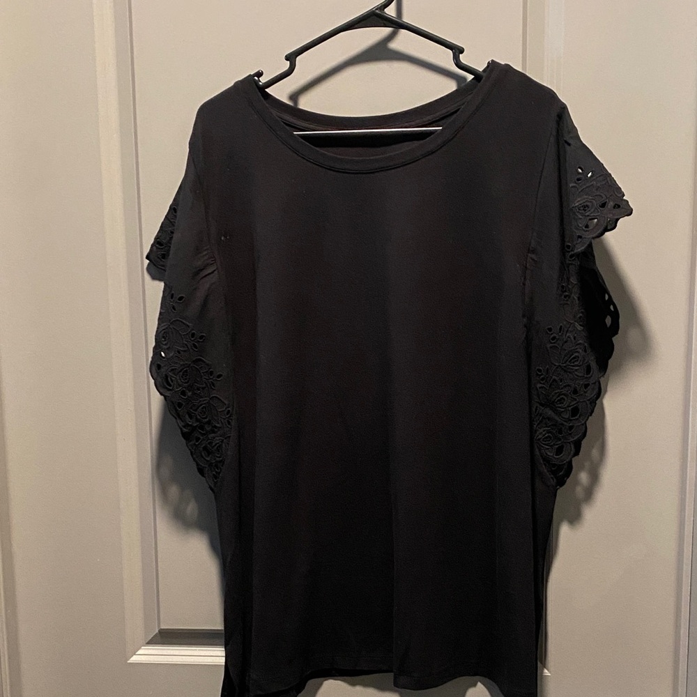 Black Lace Sleeve Top Womens 2X Dressy Casual Knit Blouse Elegant - Picture 2 of 9
